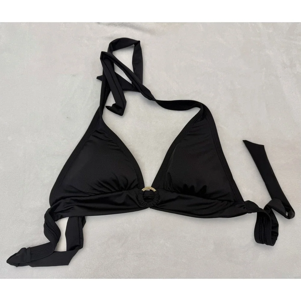 Michael Kors Black Halter Bikini Top Size S Gold Logo Ring Triangle Swimwear
